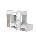 Stella Trading MAXI Modernes Hochbett mit Schrank & 2x Liegeflächen 90 x 200 cm-Platzsparendes Kinder Etagenbett Optik, Holz, Sandeiche/Weiß, 269 x 180 x 115 cm