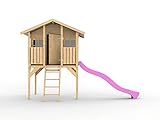 Belladoor Kinderspielhaus aus Holz Toby inkl. Rutsche Pink | B x T x H: 219 x 198 x 282 cm | inkl. Fenster & Leiter & 2,28 m Wellenrutsche Pink | Garten-Sommerhaus für Kinder