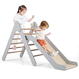 COSTWAY Kletterdreieck mit Rutsche, Klettergerüst aus Holz, Sprossendreieck zum Rutschen und Klettern, für Kinder ab 1 Jahre (Grau)