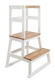 BOMI® Swubi Montessori Lernturm ab 1 Jahr | Sicherer Tritthocker Kinder 2 Stufen | Learning Tower für Kind & Baby aus Holz | Schemel, Lernstuhl als Stehhilfe, Tritthocker Holz, Kinderhocker Weiß Natur