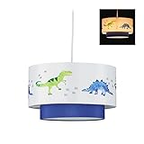 Relaxdays Dino Hängelampe, runder Lampenschirm mit Dinosaurier-Motiv, für Kinder- & Babyzimmer, HxD 126x30 cm, weiß-blau