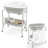 LIFEZEAL Wickeltisch mit Badewanne, 2 in 1 Flatbare Bade-Wickelkombination auf Räder, Badewannenaufsatz Wickelkommode mit offener Ablage, Babybadewanne mit Ständer Max. Belastbarkeit 35kg (Hellgrau)