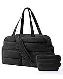 bagsmart Reisetasche Sporttasche Damen, 31L Wasserabweisend Puffer Wickeltasche Handgepäck Tasche Weekender Bag Gesteppt mit Kosmetiktasche, Kliniktasche Geburt für Gym, Fitness, Arbeit, Schwarz