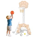 COSTWAY 3 in 1 Kinder Basketballkorb, Basketballständer mit Basketball & Fußball & Golfspiel, Indoor Outdoor Basketballspiel mit Verstellbarer Höhe & faltbarem Korb, für Kinder ab 3 Jahren (Mokka)