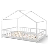 [en.casa] Kinderbett Treviolo Hausbett 140 x 200 cm Holzbett für Kinder mit Rausfallschutz Bettgestell mit Lattenrost Kiefernholz Weiß