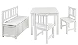 BOMI Kindertisch mit 2 Stühle mit integrierter Spielzeugkiste | Kindertruhenbank aus Kiefer Massiv Holz | Kindersitzgruppe für Kleinkinder, Mädchen und Jungen Weiß