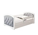 MEBLEX Jugendbett Kinderbett mit Rausfallschutz Matratze Schubladen und Lattenrost Kinderbetten für Mädchen und Junge 160x80cmKinder Bett mit eingebautem Kopfteil (Grau)