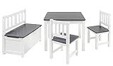 BOMI Kindermöbel Tisch und Stühle | Kindertruhenbank aus Kiefer Massiv Holz | Kindersitzgruppe für Kleinkinder, Mädchen und Jungen in Grau