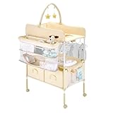 VEVOR Wickeltisch, faltbare Wickelstation mit 2 Stoffschubladen & Seitenkorb & Kleiderstange, höhenverstellbarer tragbarer Wickelkombi mit feststellbaren Rädern und 2 Sternspielzeugen, Hellbeige