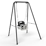 nmoiww Babyschaukel mit Gestell 2-in-1, Kinderschaukel mit Metallständer Schaukelgestell, Sicherheitsgurt Schaukelsitz für drinnen und draußen Spielen (Schwarz)