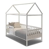 Coemo Hausbett Home 90x200 cm, Kinderbett aus Holz mit Rausfallschutz und Dachgestell Einzelbett für Kinderzimmer