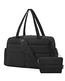 bagsmart Reisetasche Sporttasche Damen, 31L Wasserabweisend Puffer Wickeltasche Handgepäck Tasche Weekender Bag Gesteppt mit Kosmetiktasche, Kliniktasche Geburt für Gym, Fitness, Arbeit, Schwarz