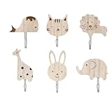 Hongoen 6 Stück Süße Tier Kleiderhaken,Holz-Tier-Wandhaken,Wandhaken Aus Holz,Tier Cartoon Wandhaken Elefant Wal Katze Löwe Kaninchen Giraffe Garderobenhaken Kinder,Für Schlafzimmer Badezimmer Küche