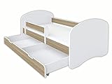 MEBLEX Jugendbett Kinderbett mit Rausfallschutz Matratze Schubladen und Lattenrost Kinderbetten für Mädchen und Junge 140x70cm oder 160x80cmKinder Bett (160x80cm, Weiß/Sonoma)