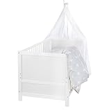 roba Kinderbettset „Sterne grau“ – mitwachsendes Babybett mit Matratze, Bettwäsche & Himmel