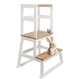 BOMI® Swubi Montessori Lernturm ab 1 Jahr | Sicherer Tritthocker Kinder 2 Stufen | Learning Tower für Kind & Baby aus Holz | Schemel, Lernstuhl als Stehhilfe, Tritthocker Holz, Kinderhocker Weiß Natur