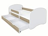 MEBLEX® Kinderbett 80x160 mit Matratze und Lattenrost, Kinder Bett für Mädchen und Jungen mit Schublade, Bodenbett mit Rausfallschutz, Hausbett, Kinderbett mit Rausfallschutz, Holz (Weiß/Sonoma)