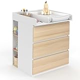 IDMarket - Wickelkommode Ambre in Buchenholzoptik und weiß 3 Schubladen Wickeltisch und 2 abnehmbare Regale