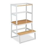 Relaxdays Lernturm ab 1 Jahr, 2 Stufen, Kippschutz, HxBxT: 93 x 50 x 48,5 cm, Kleinkinder Stehhilfe, Bambus, weiß-Natur