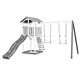 AXI Beach Tower Spielturm aus Holz in Weiß & Grau | Spielhaus für Kinder mit Grauer Rutsche, Doppelschaukel und Sandkasten | Stelzenhaus für den Garten
