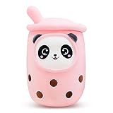 XEERUN Kuscheltier Plüschpuppen Weiche Kuscheltier Kissen Panda Bubble Tea Plüschtier, Kawaii Plush Panda Kuscheltier Cartoon Panda Zylindrisches Körperkissen In Form Einer Tasse (Rosa,24 cm)