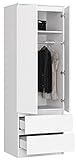 BDW Kleiderschrank, 2-türiger Kleiderschrank, 2 Schubladen, Kleiderschrank für das Schlafzimmer, Wohnzimmer, Flur, 180x60x51cm (Weiß)