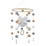 Mobile Baby, Baby Mobile, Mobile Babybett, Baby Sachen, Mobile Baby Windspiele, Holz Mit Filzbällen 3d Wolken, Bettglocke Anhänger für Babybett Jungen und Mädchen(Weißes Kaninchen)