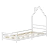 ML-Design Kinderbett Haus 90x200 cm, Weiß, Hausbett für Kinder, Holzbett mit Lattenrost, Schornstein Design, Jugendbett aus massivem Kiefernholz, Bettgestell für Jungen & Mädchen, Einzelbett Spielbett