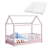 Juskys Kinderbett Marli 80 x 160 cm mit Matratze, Rausfallschutz, Lattenrost & Dach - Massivholz Hausbett für Kinder - Bett in Rosa