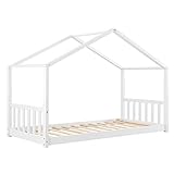 Juskys Kinderbett Paulina 90 x 200 cm mit Lattenrost und Dach - Bett für Kinder aus massivem Holz - Hausbett in Weiß