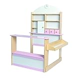 Coemo Kaufmannsladen Kinder Kaufladen Holz Verkaufsstand mit 3 Schubladen Schrank Uhr Theke Seitentheke Farbe Rosa-weiß