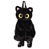 Fonowx Plüschtier Katze Rucksack, Damen Katzen Plüsch Rucksack, Niedliche Schultasche, Cute Plush Animal Cat Backpack, Plush Daypacks, Kitten Cartoon Backpack für Snack Handy Kosmetik, Schwarz