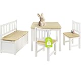 Bomi Kindersitzgruppe Anna mit integrierter Spielzeugkiste | Kinderzimmer-Set inkl. Kindertisch mit 2 Stühlen & Kindertruhenbank | Kindermöbel aus FSC nachhaltigem Kiefer Massiv Holz | Weiß Natur