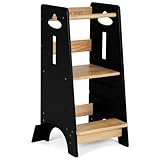 COSYLAND Lernturm ab 1 Jahr - Höhenverstellbarer Learning Tower für Kinder (3-stufig) - Montessori Lernturm mit Kippschutz & Massivholz (Holzfarbe und Schwarz)