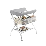 Virimolo Baby Wickelkombi, Klappbare Wickelkommode, Mobil Wickeltisch für Neugeborene und Kleinkinder, Baby Wickelstation mit Rollen bis zu 25 Kg