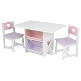 KidKraft 26913 Tisch-Set Herz mit 2 Stühlen aus Holz mit Aufbewahrungskisten, Kinderzimmermöbel – Weiß und Pastell