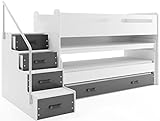 Interbeds Kinderbett Max 1 mit Schreibtisch und 3 Betten 200x80, 190x80, 180x80 mit 3 Matratzen, Leisten und Schublade (weiß+grau)