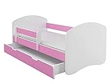 ACMA Kinderbett Jugendbett mit Einer Schublade und Matratze Weiß II (140x70 cm + Schublade, Rosa)
