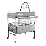 Maydolly Tragbarer Wickeltisch für Babys, Multifunktionaler Faltbarer Wickeltisch, Höhenverstellbar mit Rädern und 2 Aufbewahrungskörben, Wasserdichtes Sitzkissen zum Wickeln, Grau