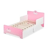 Relaxdays Kinderbett mit Rausfallschutz, HxBxT: 60x77x143 cm, Lattenrost, Kleinkindbett mit Schwan-Motiv, MDF, weiß/rosa