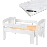 Mitwachsendes Kinderbett ausziehbar - Hochwertiges Massivholz - Frei von Allergenen - Babybett mit Matratze u. Rausfallschutz (Weiss)