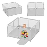 Tulano Cozy 20 Laufstall Baby 130x130 cm mit Boden Spielgitter für Babys 6 bis 36 Monate Tragbar Innen Außen Faltbar Netzwände Metallrahmen Kinderschutz Reisegitter Laufgitter Grau