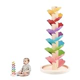 Bunten Regenbogen Holz Klangturm - Montessori Holz Regenbogen Spielzeug mit 4 Genkugeln, Murmelbahn Spielzeug Spielsachen, Kugelbahn Motorikspielzeug Geschenk für Kinder