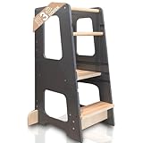 KYWAI® - Lernturm ab 1 Jahr, aus Robuster Holz, mit Doppelter Sicherheitsbarriere - Lernturm ab 2 Jahre - Tritthocker Kinder - Lernturm Montessori - Learning Tower - Montessori Lernturm (Grau)