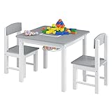WOLTU Kindertisch mit 2 Stühlen, Kindersitzgruppe mit Stauraum, Sitzgruppe für Kinderzimmer Spieltisch mit wendbarer Bauplatte, mit großen Bauklötzen kompatibel, Weiß Grau