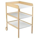 Geuther Wickelregal Clarissa XL | Wickeltisch aus massivem Buchenholz | Platzsparende Baby Wickelkommode mit Rollen & geräumigen Ablageflächen | Für Wickelunterlage bis 72x56 cm | Weiß-Natur