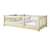 BEDDY Kinderbett mit Rausfallschutz 80x160 – Montessori Kinder Bett Naturholz – Bodenbett mit Lattenrost - Kinderbetten für Mädchen und Jungen - Holzbett aus Kiefer
