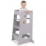 KiddyMoon Lernturm Für Kinder Ab 1 Jahr, Anti-Kipp-Schutz, 3-Fach Höhenverstellbar, Schutzbügel, Montessori Küchenhelfer, Grau