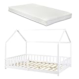 [en.casa] Kinderbett Hesel Hausbett mit Matratze 120 x 200 cm Weiß mit Rausfallschutz und Lattenrost Montessori Bodenbett Jugendbett Holzbett
