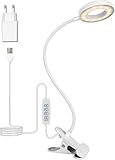 TBTeek LED Leselampe, 48 LED Schwanenhals Bett Lampe, Augenpflege Schreibtischlampe, 3 Modi & 10 Dimmstufen, Klemmleuchte für Büro Heimgebrauch, CE Adapter Enthalten, Schwarz, Weiß